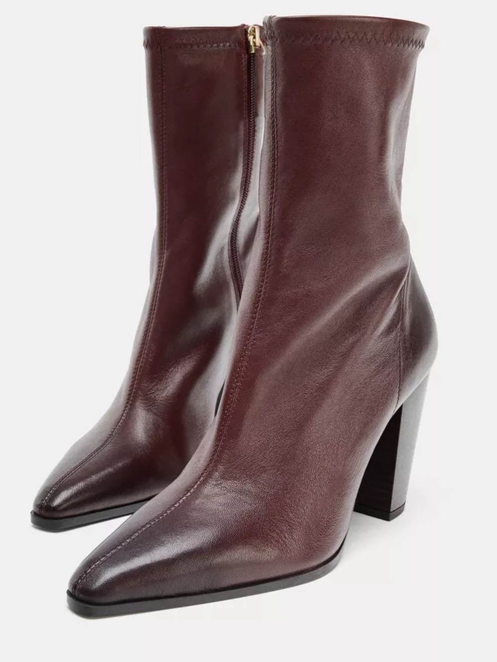 Zara Burgundy Leather Pointed Ankle Boots with Block Heel